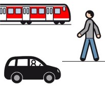 Metacomsymbol mit Zug, Auto und Fußgänger