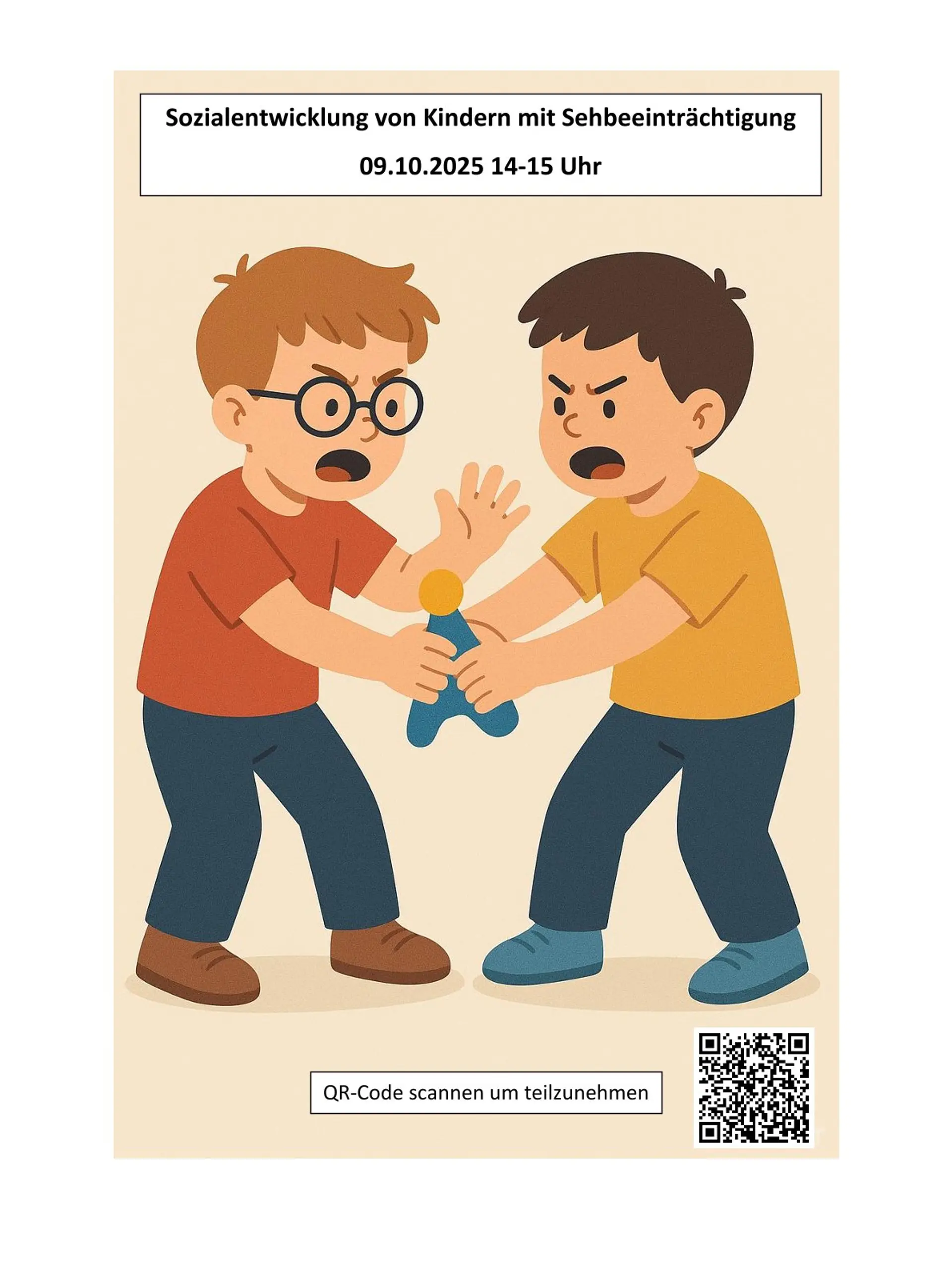 Bild von zwei Jungen die sich um einen Gegenstand streiten. Oben: Text mit den Daten zur Veranstaltung. Unten: QR-Code zum Zoommeeting.