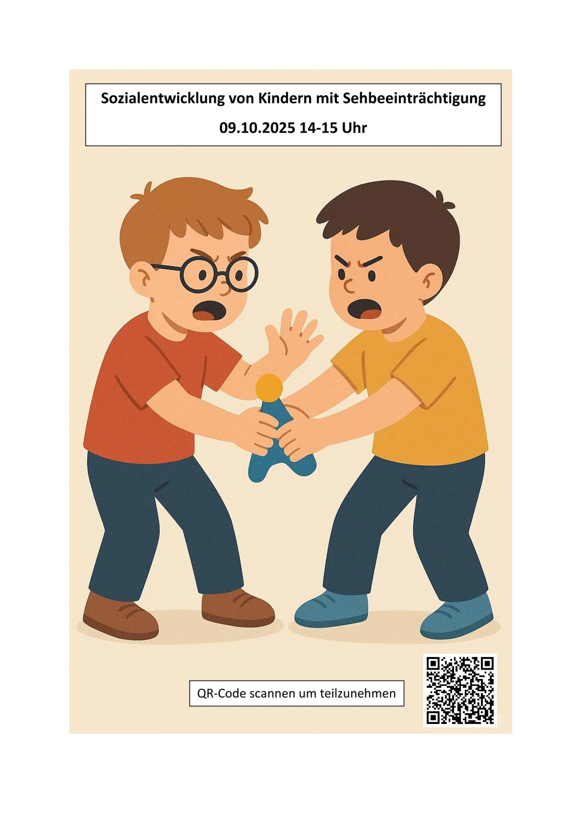 Bild von zwei Jungen die sich um einen Gegenstand streiten. Oben: Text mit den Daten zur Veranstaltung. Unten: QR-Code zum Zoommeeting.