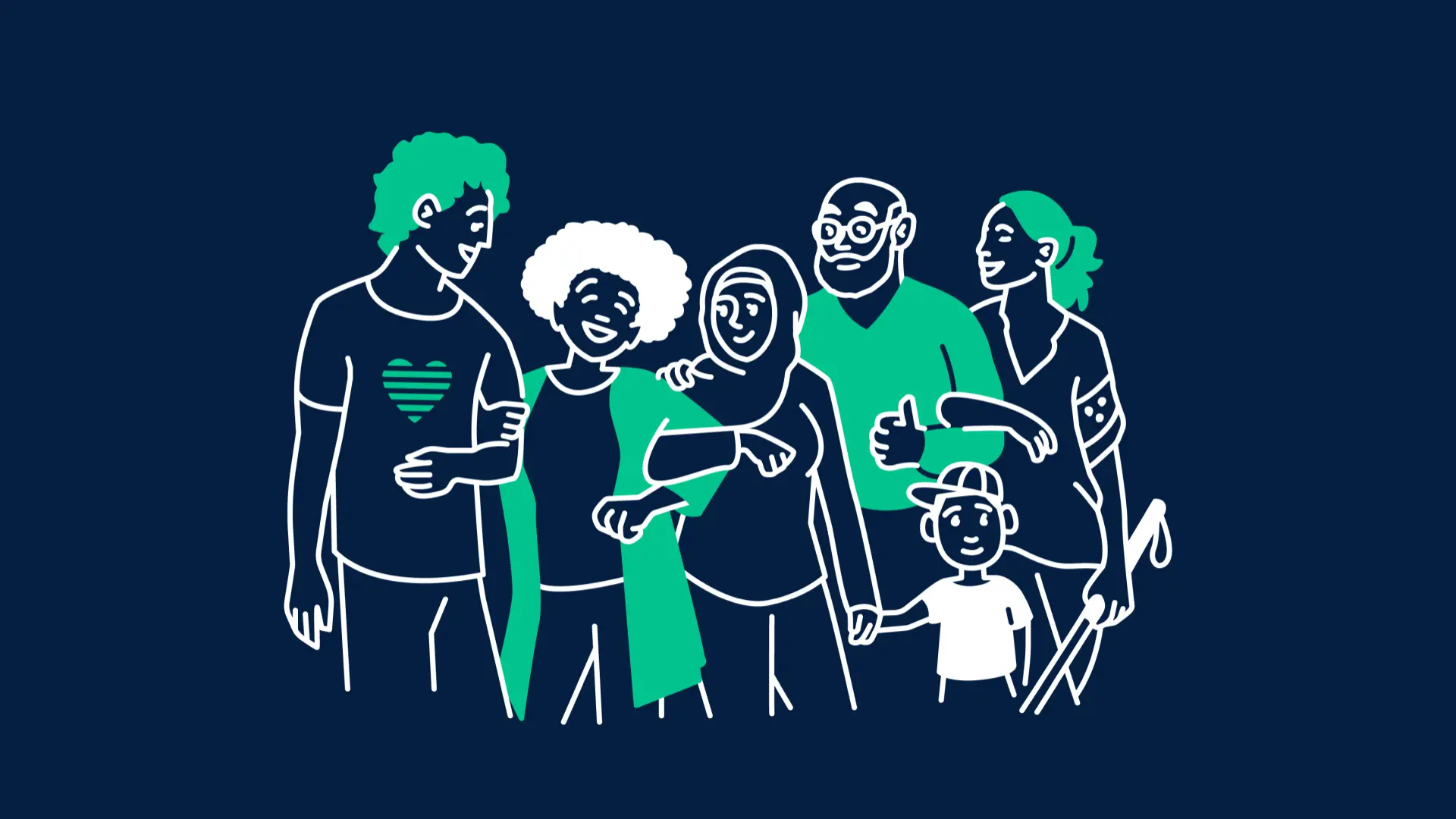 Illustration einer Gruppe von vielfältigen Menschen, die sich in den Armen halten