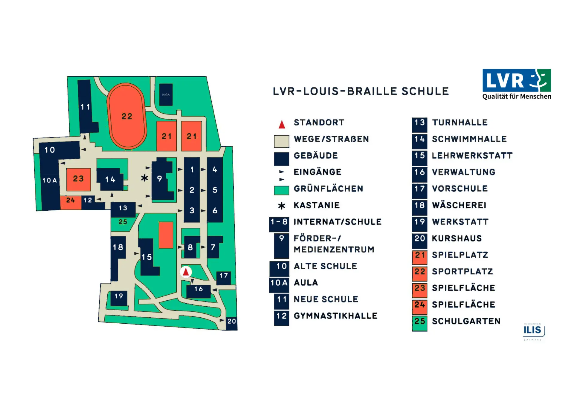 Die Karte zeigt den Plan des Schulgeländes der LVR-Louis-Braille-Schule. Das Gelände umfasst verschiedene Gebäude (nummeriert von 1 bis 20), Sportanlagen (Sportplatz, Turnhalle, Schwimmhalle), Grünflächen und Wege. Eine Legende erklärt die Symbole und Nummern, darunter Internatsgebäude, Schule, Förder-/Medienzentrum, Alte Schule, Neue Schule und weitere Einrichtungen.