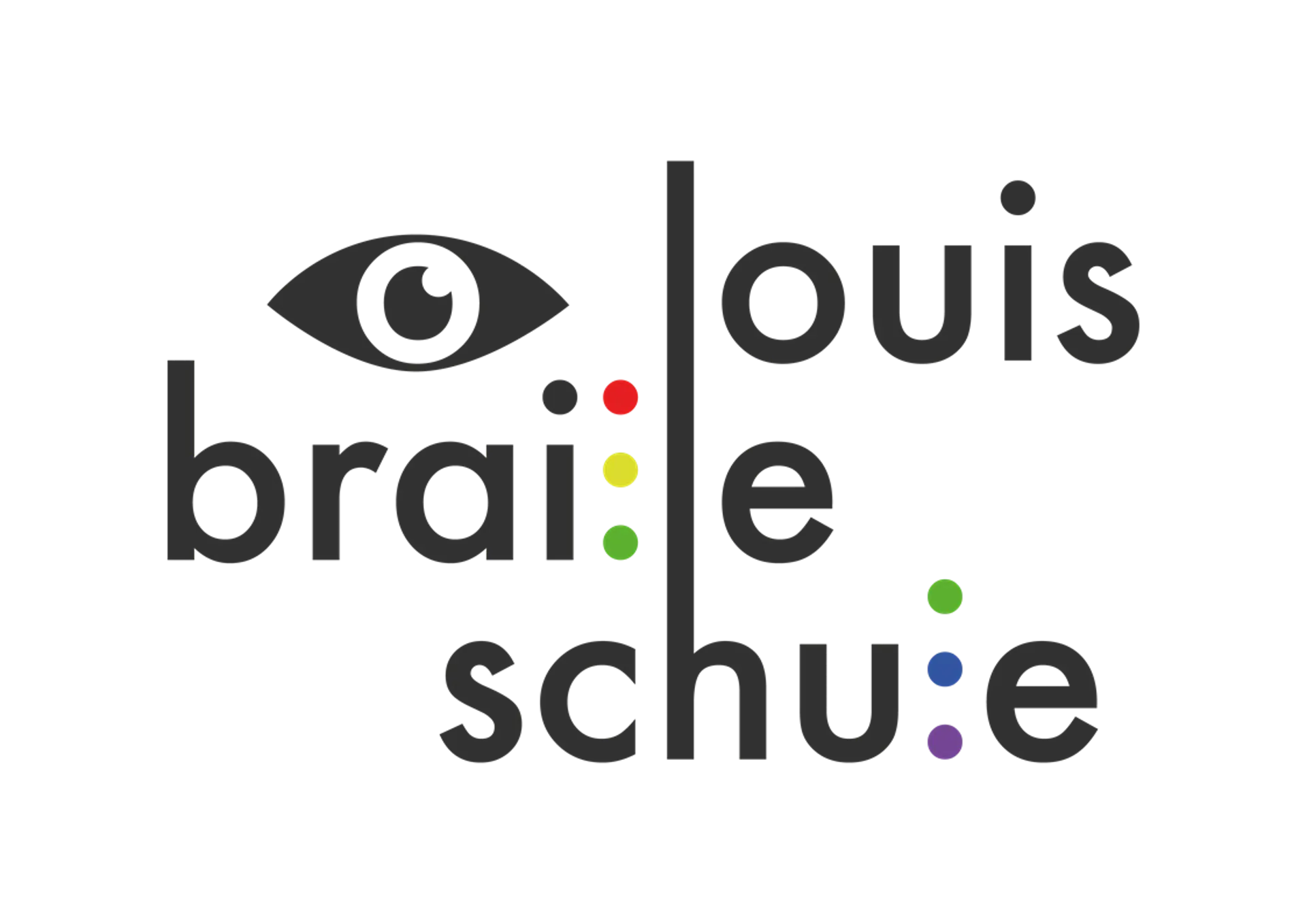 Das Schullogo in minimalistischem Stil mit schwarzen Buchstaben auf weißem Hintergrund. Der Schulname "Louis-Braille-Schule" wird hier so aufgeteilt, sodass jedes Wort auf einer Zeile liegt. Über dem Wort "Braille" ist ein stilisiertes Auge zu sehen. Die Buchstaben L in "Braille" und "Schule" sind als farbige Punkte dargestellt, die an die Braille-Schrift erinnern sollen.