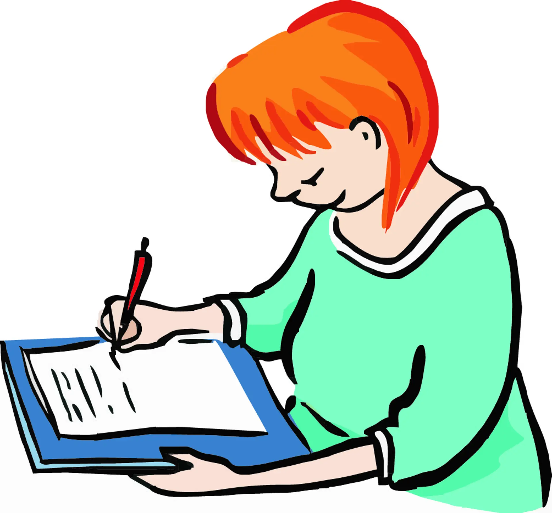 Eine Illustration von einer Frau, die am Tisch sitzt und sich Notizen auf einem großen Blatt Papier macht.