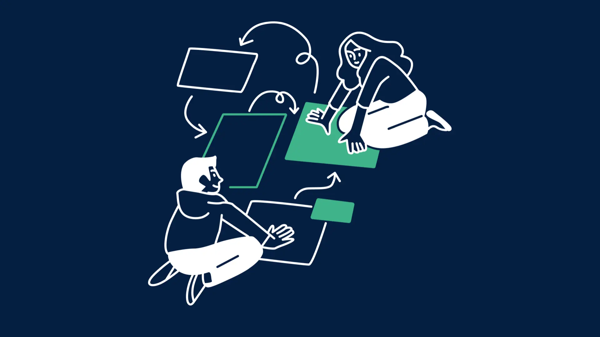 Illustration von einem Mann und einer Frau, die beide Rechtecke schieben