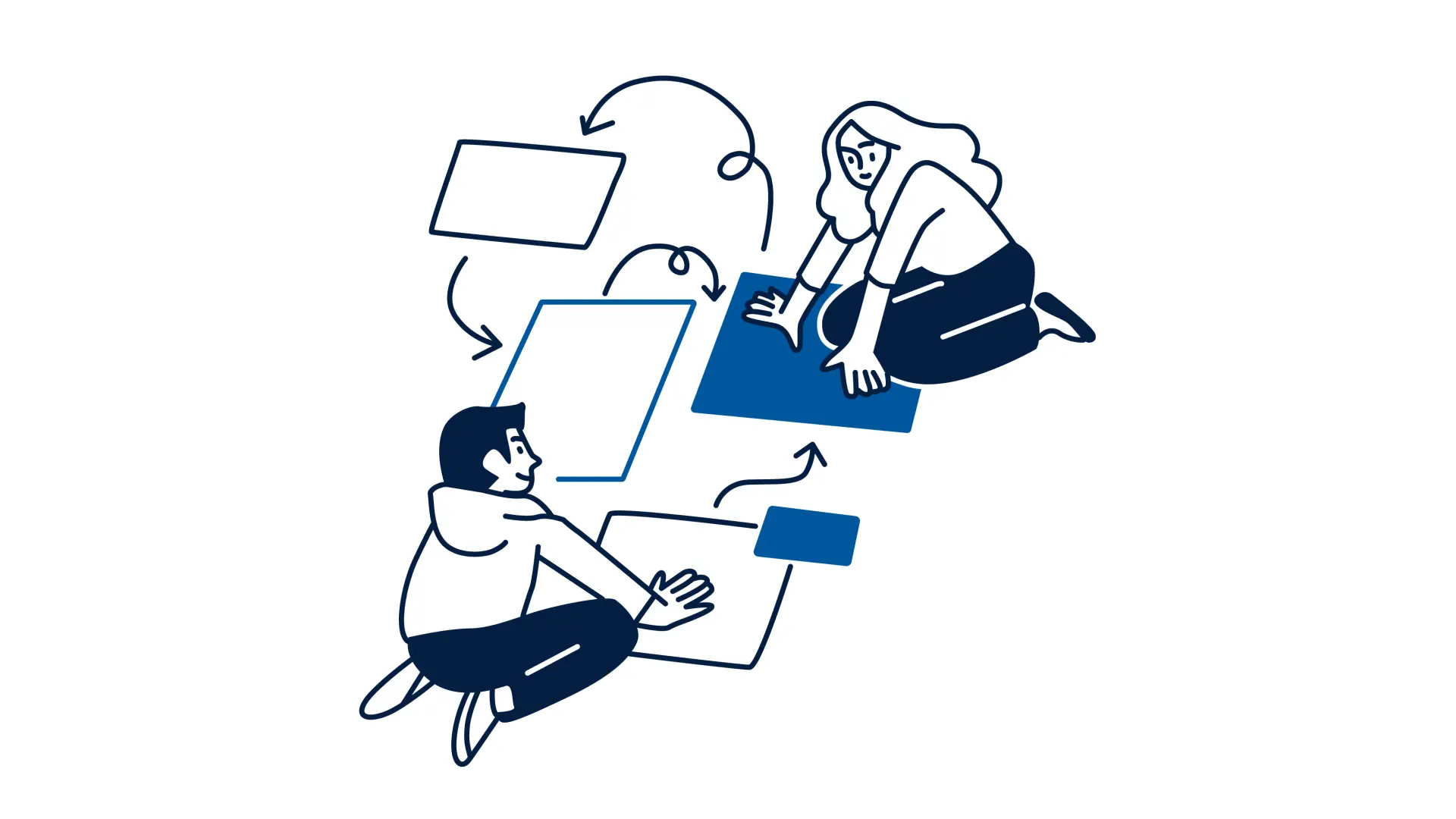Illustration mit zwei Menschen, die auf dem Boden knien und sich verschiedenen Vierecken anschauen. Die Vierecke sind mit Pfeilen verbunden und repräsentieren die verschiedenen Schritte und möglichen Pläne, die die Schüler*innen während der Berufsorientierung durchgehen. 