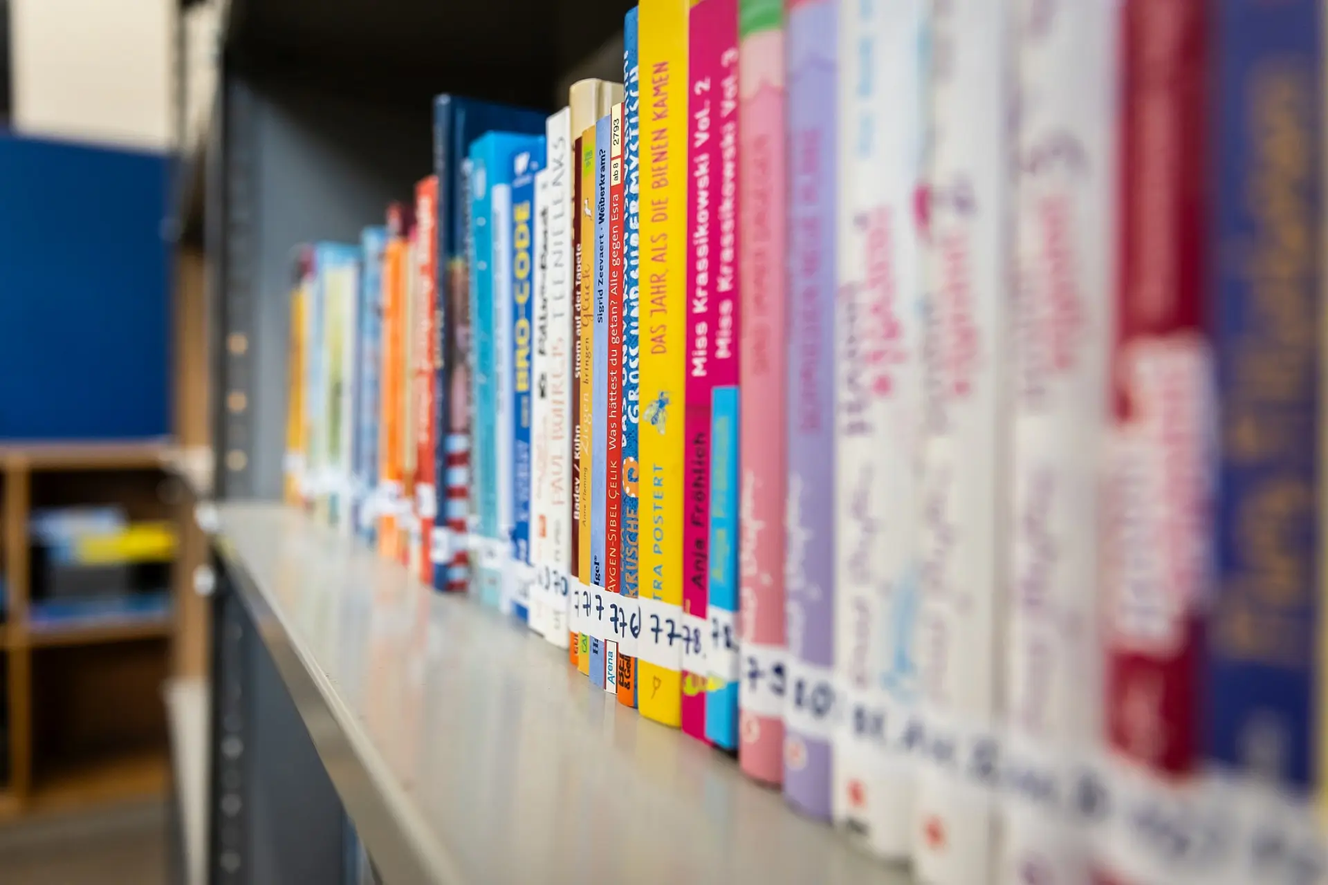 Ein Bücherregal in der Schulbibliothek. Auf dem vollen Regal sind über 20 Bücher zu sehen, sind sind mit Stickern mit Bibliothekskennzeichnung verseht.