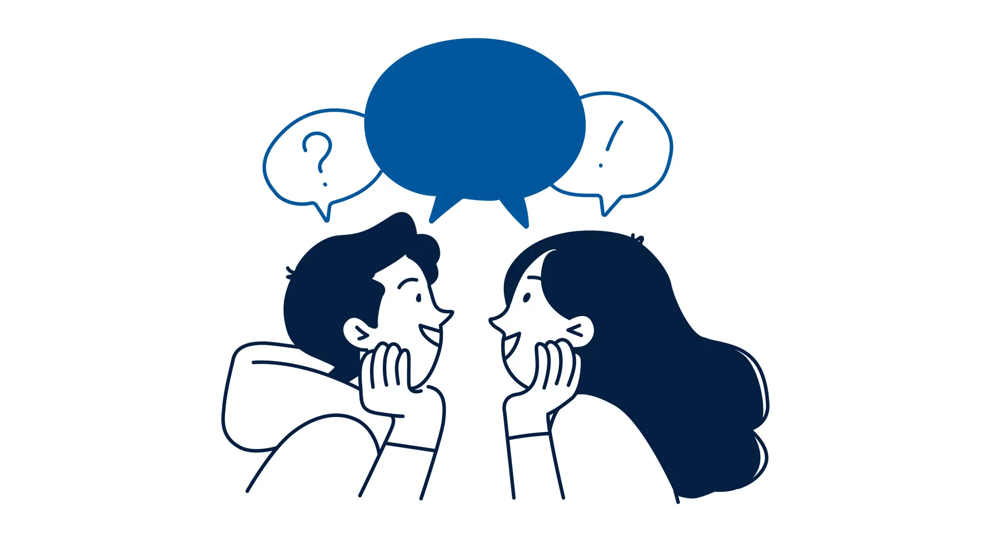 Illustration mit zwei Menschen, die sich interessiert ansehen. Über ihren Köpfen schweben drei Sprechblasen, die eine spannende und freundliche Unterhaltung darstellen sollen.