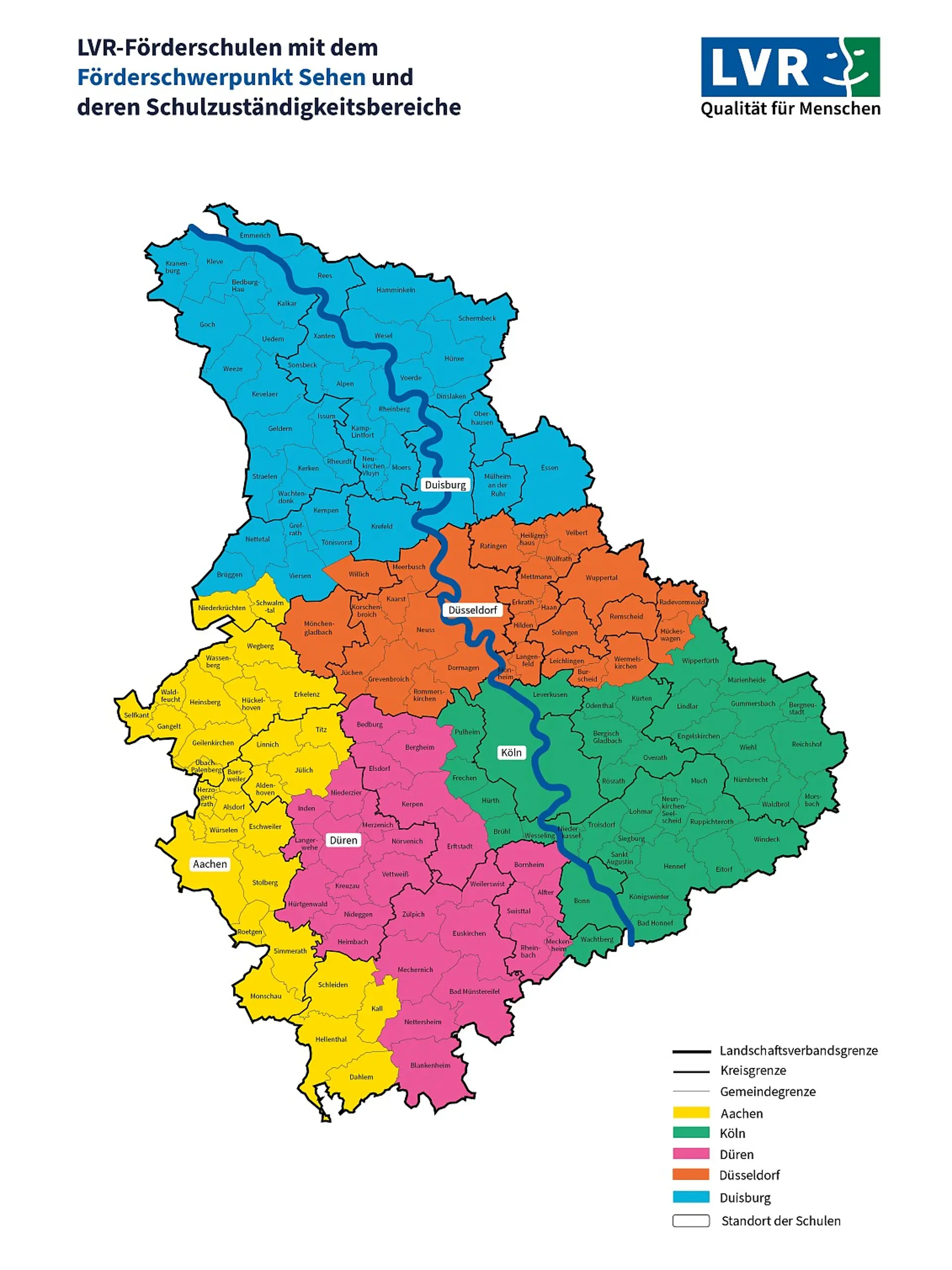  Illustration von einer Karte, die die fünf LVR-Förderschulen mit dem Förderschwerpunkt Sehen und deren Schulzuständigkeitsbereiche im Rheinland darstellt. Die Karte zeigt verschiedene Regionen in unterschiedlichen Farben, für die jeweils eine LVR-Schule in einer Stadt zugeordnet ist: Für die blaue Region ist die LVR-Schule in Duisburg zuständig; für die orangene Region die LVR-Schule in Düsseldorf; für die Grüne die LVR-Schule in Köln; für die Gelbe die LVR-Schule in Aachen; für die Pinke die LVR-Schule in Düren. Der Titel der Karte lautet "LVR-Förderschulen mit dem Förderschwerpunkt Sehen und deren Schulzuständigkeitsbereiche". Oben rechts ist das Logo "LVR Qualität für Menschen" abgebildet.