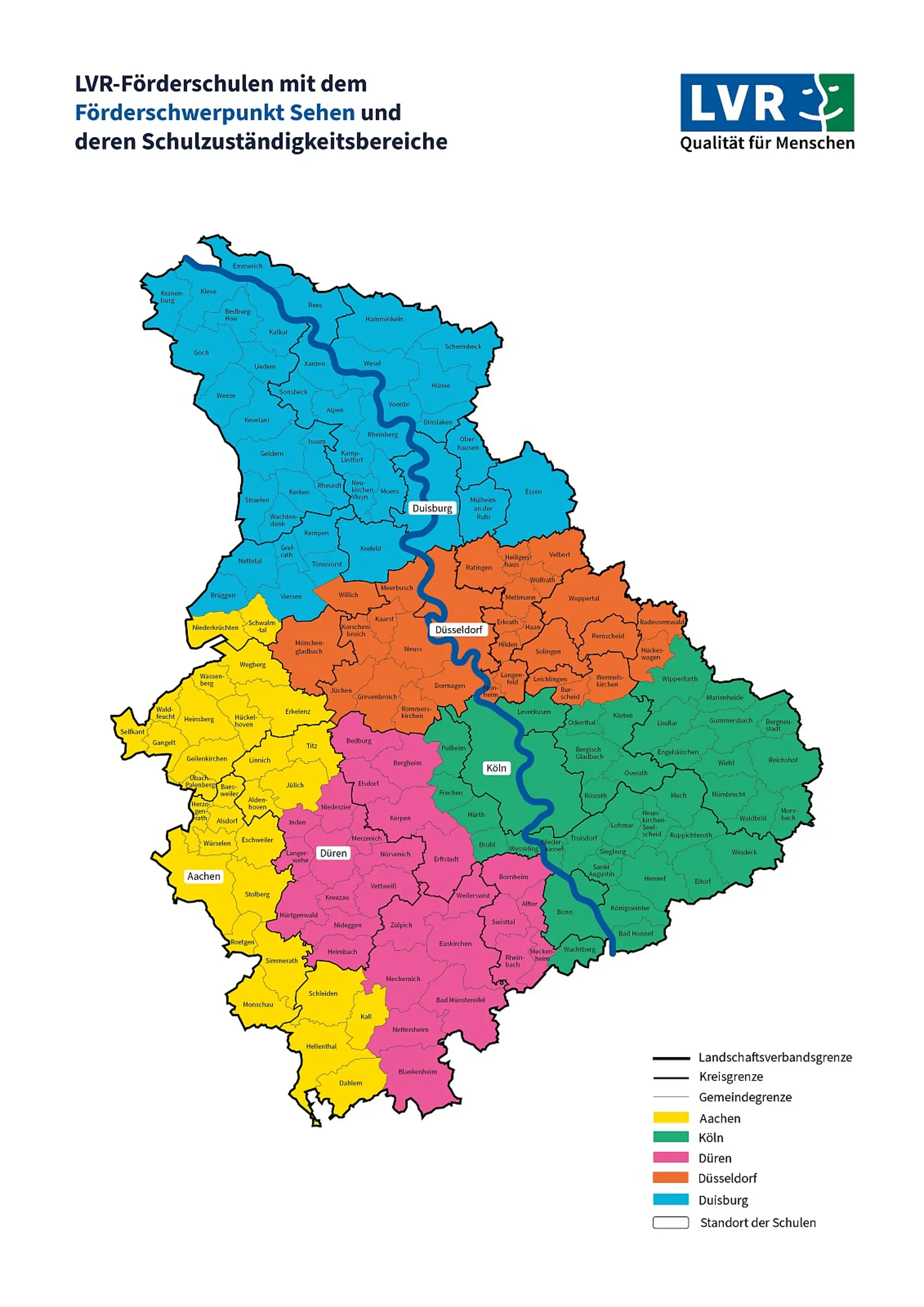  Illustration von einer Karte, die die fünf LVR-Förderschulen mit dem Förderschwerpunkt Sehen und deren Schulzuständigkeitsbereiche im Rheinland darstellt. Die Karte zeigt verschiedene Regionen in unterschiedlichen Farben, für die jeweils eine LVR-Schule in einer Stadt zugeordnet ist: Für die blaue Region ist die LVR-Schule in Duisburg zuständig; für die orangene Region die LVR-Schule in Düsseldorf; für die Grüne die LVR-Schule in Köln; für die Gelbe die LVR-Schule in Aachen; für die Pinke die LVR-Schule in Düren. Der Titel der Karte lautet "LVR-Förderschulen mit dem Förderschwerpunkt Sehen und deren Schulzuständigkeitsbereiche". Oben rechts ist das Logo "LVR Qualität für Menschen" abgebildet.