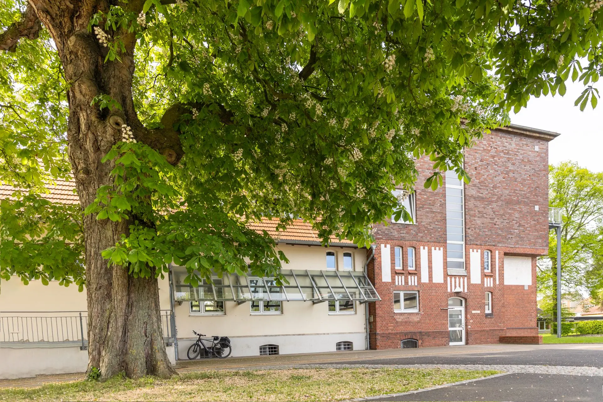 Ein Backsteingebäude, wo verschiedene Kurse stattfinden, auf dem Gelände der Förderschule im Sommer